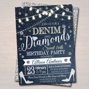 May include: A denim and diamonds themed invitation for a Sweet 16th birthday party. The invitation features a blue jean background with silver glitter and white lights. The text reads "Join us for a Denim and Diamonds Sweet 16th Birthday Party Honoring Allison Andrews". The invitation also includes the date, time, location, and RSVP information.