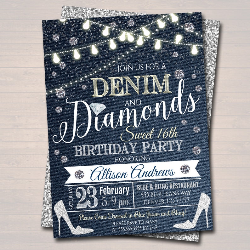 May include: A denim and diamonds themed invitation for a Sweet 16th birthday party. The invitation features a blue jean background with silver glitter and white lights. The text reads "Join us for a Denim and Diamonds Sweet 16th Birthday Party Honoring Allison Andrews". The invitation also includes the date, time, location, and RSVP information.