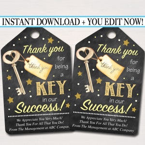 Printable Thank You Tags, Volunteer Key Labels INSTANT + EDITABLE, Thank You Gift, PTA Staff Employee, Teacher Appreciation Favor Printable