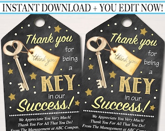 Printable Thank You Tags, Volunteer Key Labels INSTANT + EDITABLE, Thank You Gift, PTA Staff Employee, Teacher Appreciation Favor Printable