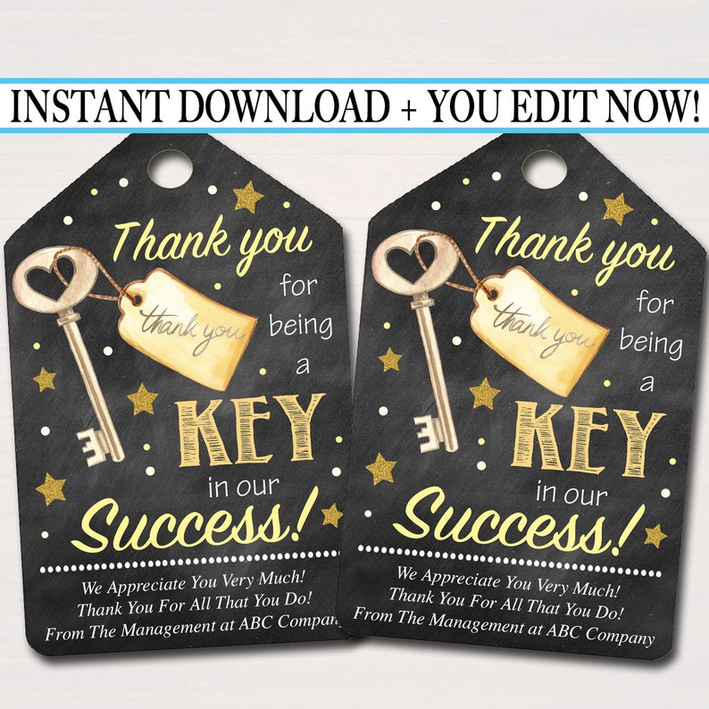 Printable Thank You Tags, Volunteer Key Labels INSTANT EDITABLE, Thank You Gift, PTA Staff Employee, Teacher Appreciation Favor Printable image 1