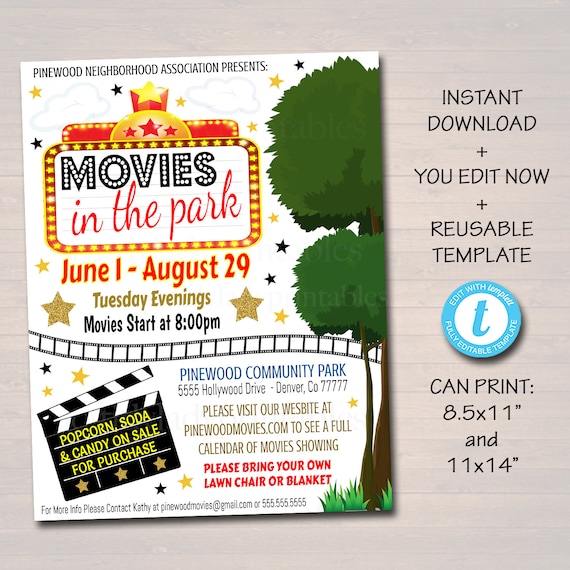 EDITABLE Movie Night Flyer, Printable PTA PTO Flyer, School Church Benefit Fundraiser Outdoor Movies in the Park Poster Printable Invitation Il_570xn