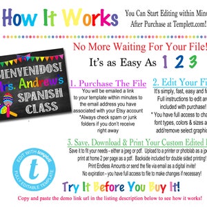 May include: A colorful graphic with the text "How It Works" and "No More Waiting For Your File!"  It's as Easy As 1 2 3"  The graphic also includes a chalkboard with the text "&iexcl;BIENVENIDOS! Mrs. Andrews SPANISH CLASS" and a colorful illustration of a maraca.  The graphic also includes instructions on how to purchase, edit, and print a digital file.