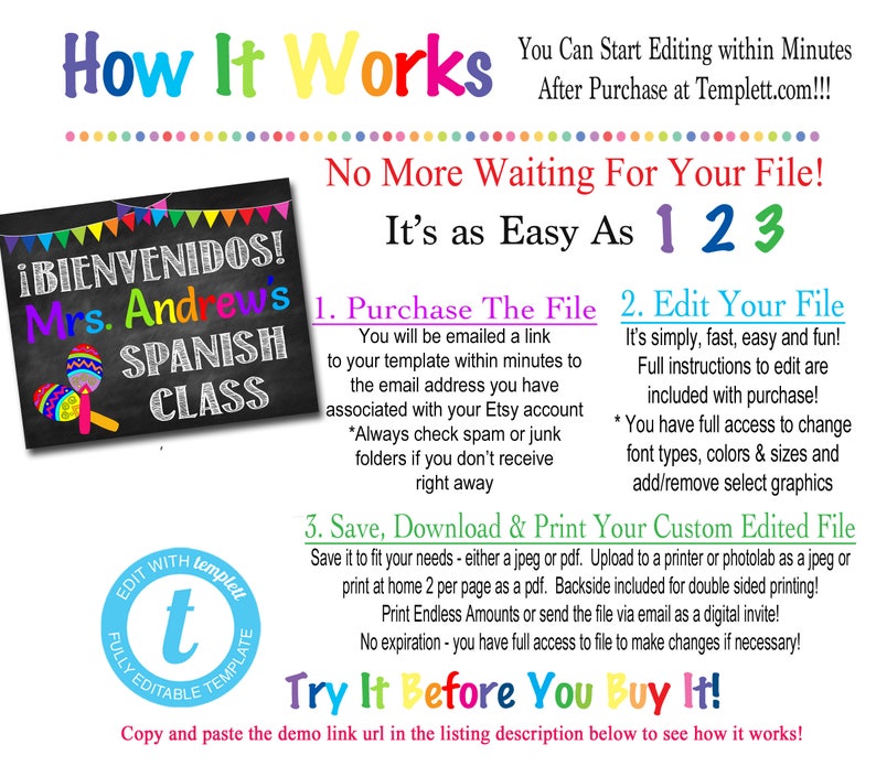 May include: A colorful graphic with the text "How It Works" and "No More Waiting For Your File!"  It's as Easy As 1 2 3"  The graphic also includes a chalkboard with the text "&iexcl;BIENVENIDOS! Mrs. Andrews SPANISH CLASS" and a colorful illustration of a maraca.  The graphic also includes instructions on how to purchase, edit, and print a digital file.