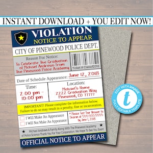 Editable Police Academy Graduation Invitation Violation Ticket Printable Digital College Grad Invite, Retirement Party, Cop Detective Invite