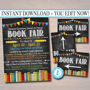 Può includere: Un cartello stampabile in stile lavagna per una fiera del libro scolastica. Il cartello dice "Pinewood Elementary School's 3rd Annual Book Fair" e include le date "April 22 - April 27". Il cartello include anche gli orari "Open Daily From 8:00am until 6:00pm" e la posizione "Located in the School's Small Gymnasium".