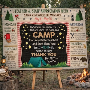 Camp Theme Teacher Appreciation Week Itinerary Poster, Staff Thank You Events Schedule Template (Editable, Printable)