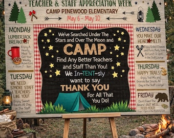 Camp Theme Teacher Appreciation Week Itinerary Poster, Staff Thank You Events Schedule Template (Editable, Printable)