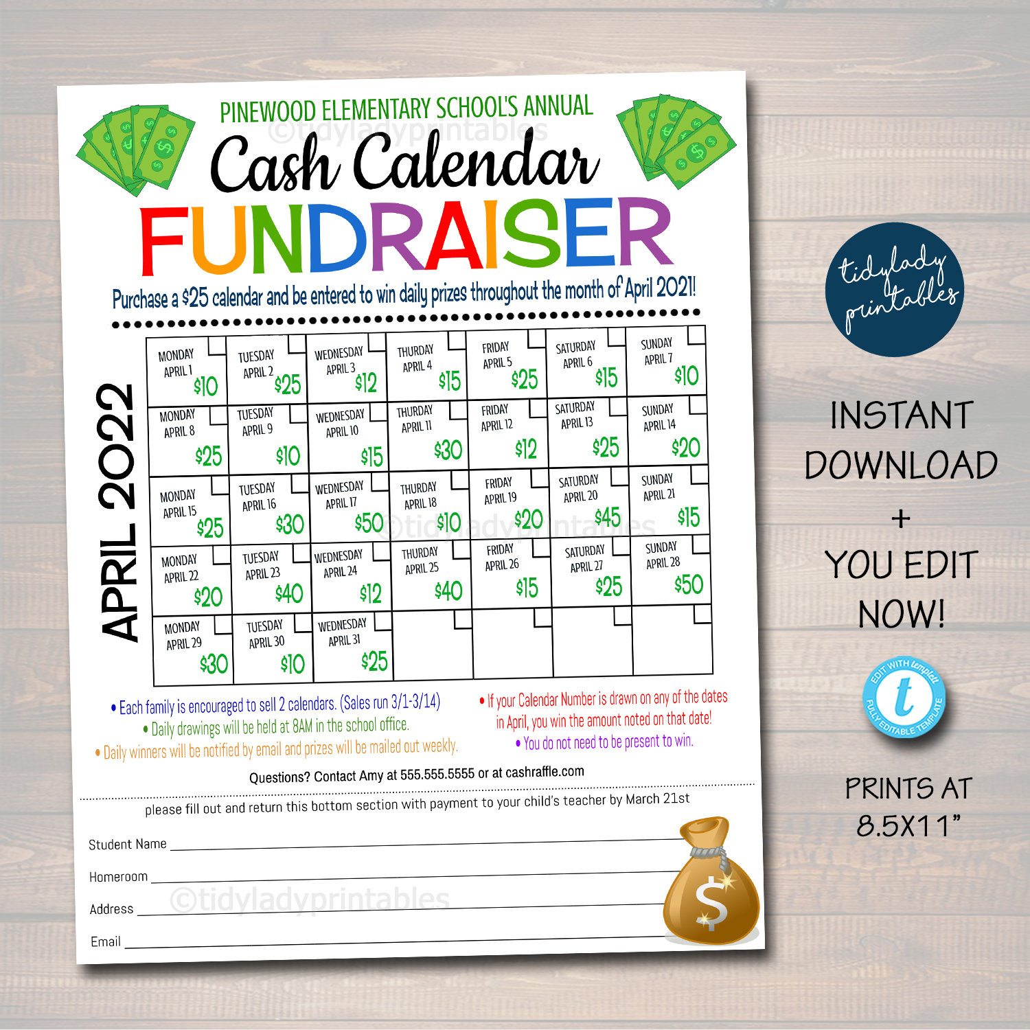 Cash Calendar Fundraiser Flyer Printable Handout Take Home Etsy UK