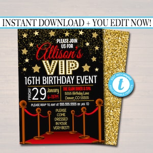 EDITABLE Red Carpet Birthday Invitation, Hollywood Movie Party Invite Glam Birthday Digital Invite vip Movie Star Party, INSTANT DOWNLOAD