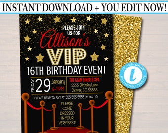 EDITABLE Red Carpet Birthday Invitation, Hollywood Movie Party Invite Glam Birthday Digital Invite vip Movie Star Party, INSTANT DOWNLOAD