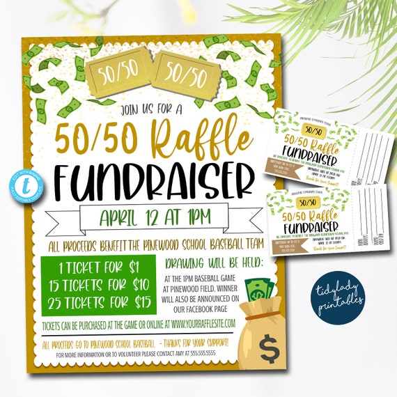 50/50 Raffle Ticket Fundraiser Flyer, split the pot Raffle fundraiser, cash raffle flyer, Sports Fundraiser, pto pta Church School Charity Il_570xn