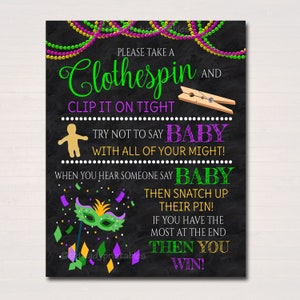Mardi Gras Clothespin Game, Don&#39;t Say Baby Shower Sprinkle Gender Reveal Party Game, Green Purple Gold King or Queen Decor, INSTANT DOWNLOAD