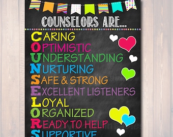May include: A chalkboard sign with the text "Counselors Are..." and a list of positive qualities, including caring, optimistic, understanding, nurturing, safe & strong, excellent listeners, loyal, organized, ready to help, and supportive. The words are written in colorful letters and hearts are placed next to each word.