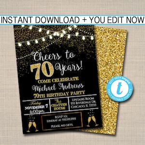 EDITABLE 70th Party Invitation, Birthday Printable Cheers to Seventy Years, Digital 70th Wedding Anniversary Invite, Black & Gold Party