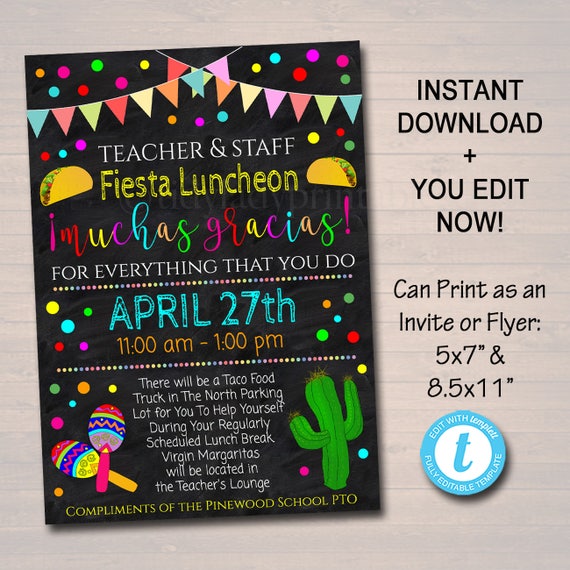 editable fiesta invite teacher appreciation staff invitation chalkboard printable appreciation week invite luncheon flyer instant download staff appreciation flyer