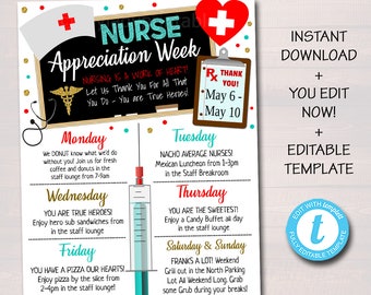 Nurse Appreciation Week Itinerary Template, Heart Medical National Nurses Week Weekly Schedule Events, INSTANT DOWNLOAD Printable Editable