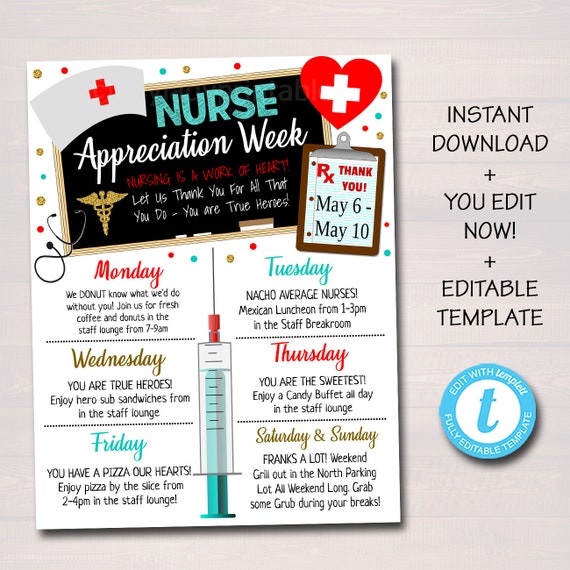 Nurse Appreciation Week Itinerary Template Heart Medical Etsy