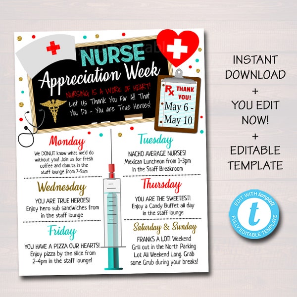 Krankenschwester Anerkennung Woche Reiseplan Vorlage, Herz Medizinische Nationale Krankenschwestern Woche Wochenplan Veranstaltungen, SOFORTIGER DOWNLOAD Printable Editable