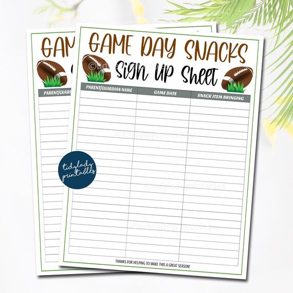 Football Snack Volunteer Sheet Football Printable Snack Sign Up Sheet 