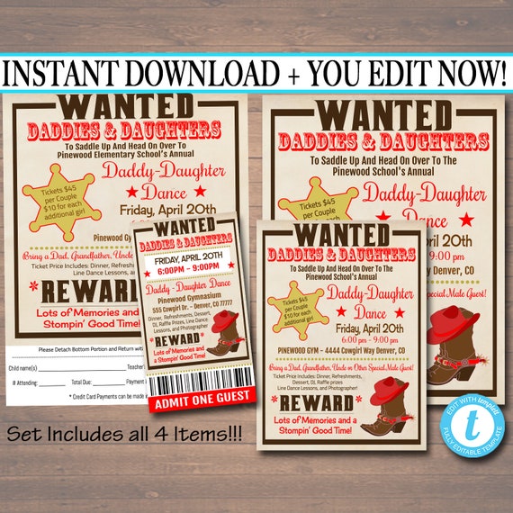 EDITABLE Daddy Daughter Dance Set School Dance Flyer Invitation, Country Western Cowgirl, Church Community Event, pto, pta INSTANT DOWNLOAD Il_570xn