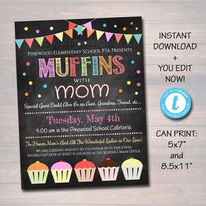 Zaproszenie na Muffins With Mom: Ulotka PTA na brunch z okazji Dnia Matki (zaproszenie cyfrowe)