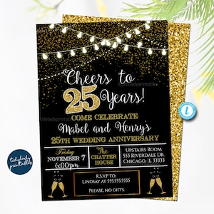 Invitación del 25.º aniversario: Negro y dorado, ¡Saludos por los veinticinco años! (Impresión digital)