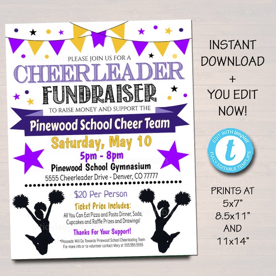 EDITABLE Cheerleader Fundraiser Flyer, Printable PTA PTO Flyer, School Benefit Fundraiser Event Poster Digital, Cheer Team Party Invitation Il_570xn