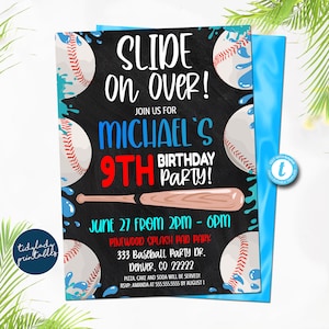 Invito di compleanno con scivolo acquatico da baseball: modello modificabile
