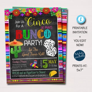 Cinco De Mayo Bunco Party Invitation, Bunco Dice Mexican Fiesta Party Invite, Adult May Games Cocktail Party, MODÈLE MODIFIABLE Imprimable