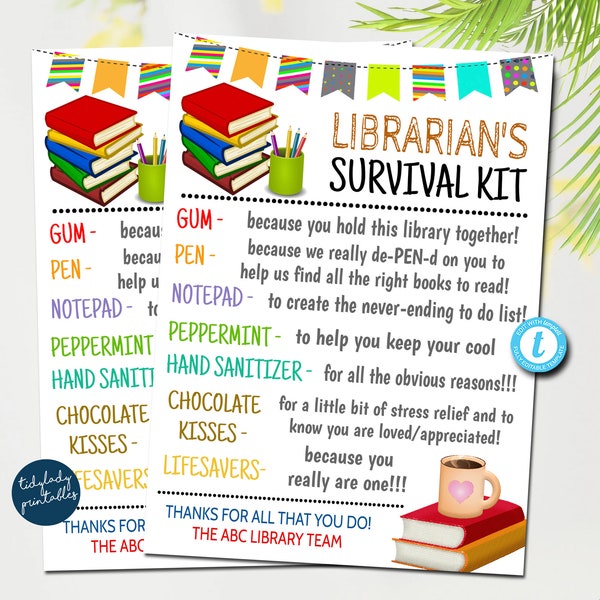 EDITABLE Librarian Survival Kit Printable, Back to School Gift, Pta Pto, School Librarian Appreciation Day, Thank You Gift Idea TEMPLATE