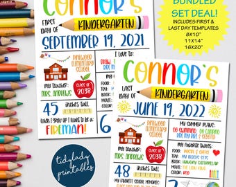 May include: Two colorful kindergarten milestone printable signs. The signs feature the name "Connor's" in rainbow colors, a pencil graphic, and the text "First Day of" and "Last Day of" Kindergarten. One sign includes the date September 19, 2021, and the other June 19, 2022. The signs are 45 and 48 inches tall.