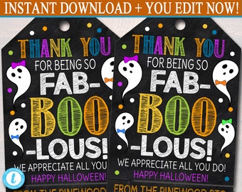 May include: Two printable Halloween gift tags with a chalkboard background and colorful ghost illustrations. The text reads "Thank you for being so fab-boo-lous! We appreciate all you do! Happy Halloween! From the Pinewood PTO".