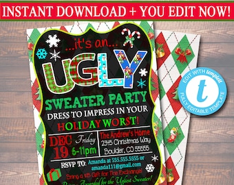 May include: A festive invitation for an Ugly Sweater Party. The invitation is decorated with a red and green plaid pattern and features a chalkboard with the text "It's an Ugly Sweater Party" in colorful letters. The party is scheduled for December 19th from 6-11pm at The Andrew's Home, 2345 Christmas Way, Boulder, CO 55555. The invitation also includes an RSVP contact and information about a gift exchange.