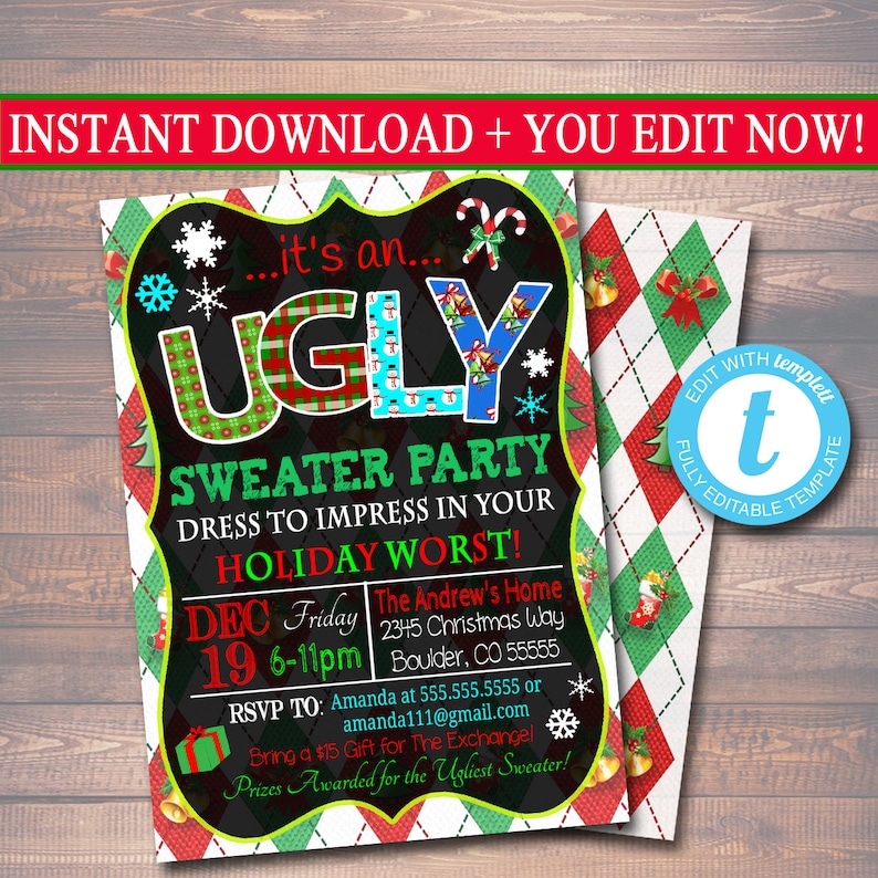 Christmas Ugly Sweater Party Invitation, Christmas Party Invitation, Holiday Worst Invite Adult Xmas Party, Holiday Ugly Sweater, EDITABLE image 1