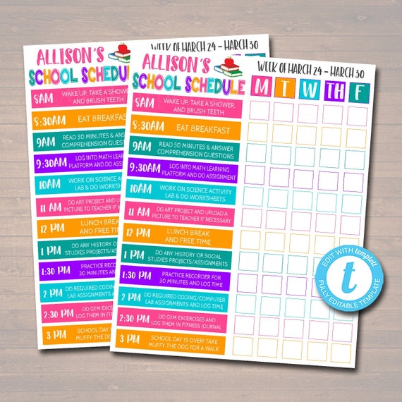 Home School Schedule Daily Weekly Subject Checklist Homework 