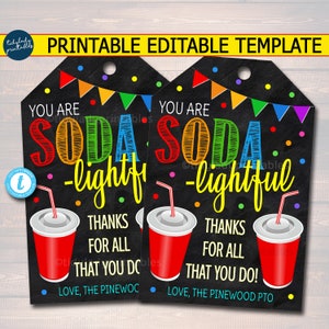 EDITABLE Soda Thank You Tags, Teacher Appreciation, Treat Tag Printable Chalkboard Tags, Volunteer Staff Thank You Label Editable Template image 1