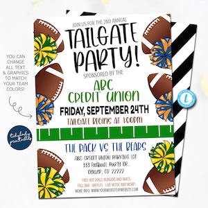 May include: A white and green invitation for a tailgate party sponsored by ABC Credit Union. The invitation features a football, cheerleaders, and the text "Join us for the 2nd Annual Tailgate Party!"  The event is on Friday, September 24th at 1:00 PM. The event is for "The Pack vs The Bears" at the ABC Credit Union Parking Lot, 333 Football Party Dr., Denver, CO 22222. The invitation also includes information about free hot dogs, burgers, and brats, a full bar, raffles, live music, and more.  The invitation includes the website address "www.yourwebsite@website.com".