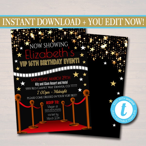 EDITABLE Red Carpet Birthday Invitation, Hollywood Movie Party Invite Glam Birthday Digital Invite vip Movie Star Party, INSTANT DOWNLOAD