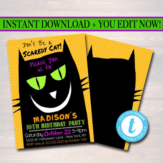 Printable Kid's Hallowen Party Invitation, Halloween Invite, Halloween Birthday Party, Costume Party Invitation, Black Scaredy Cat, EDITABLE Il_570xn