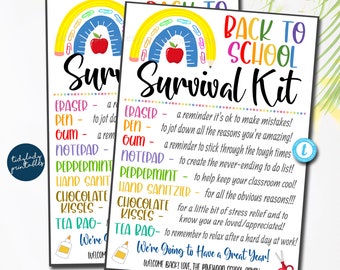 May include: Back to School Survival Kit printable with a rainbow, a red apple, and a list of school supplies with a funny description for each item. The text says "We're Going to Have a Great Year!" and "Welcome Back! Love, The Pinewood School Admin".