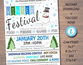 May include: A blue and white printable flyer for a Winter Festival at Pinewood Middle School. The flyer features a snowman, snowflakes, and the text "Winter Festival" in a bold, colorful font. The event is scheduled for January 20th from 2 PM to 10 PM and includes activities like a snowman building contest, hot cocoa, sledding, a bake sale, live music, an ice skating pond, and a chili cookoff.