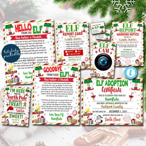 May include: A set of printable Christmas elf report cards, warning notices, adoption certificates, and goodbye letters. The cards feature a red and green color scheme with elf illustrations and a North Pole theme. The text includes "Hello Elf from the North Pole", "Elf Report Card", "Elf Report Warning Notice", "Elf Adoption Certificate", and "Goodbye from your Elf!"
