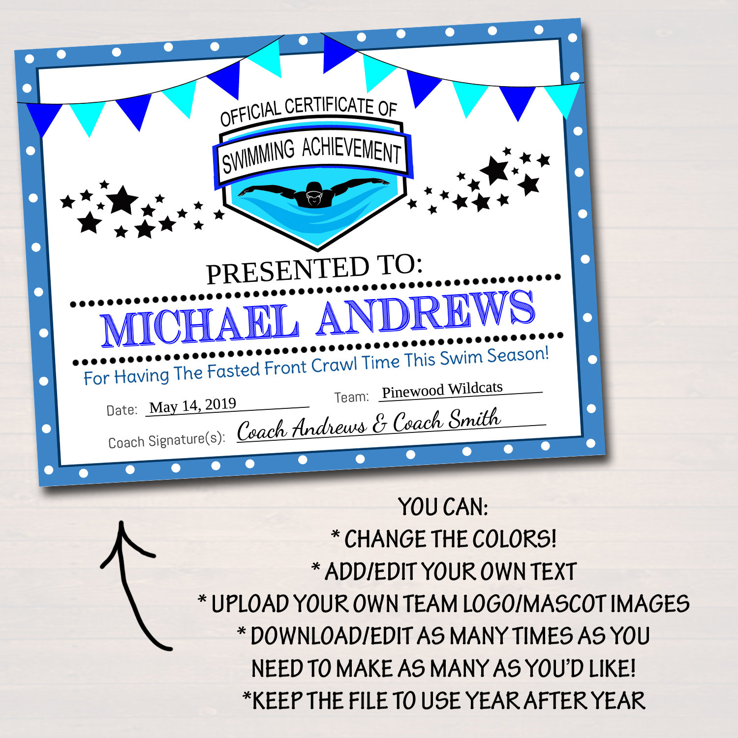 EDITABLE Swim Team Award Certificates INSTANT DOWNLOAD Etsy