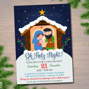Puede incluir: Una invitaci&oacute;n a una fiesta de Navidad azul y blanca con una ilustraci&oacute;n de dibujos animados de la Sagrada Familia en un establo. El texto dice "Oh Holy Night!" e incluye detalles sobre la fiesta, incluida la fecha, la hora, la ubicaci&oacute;n y la informaci&oacute;n de RSVP.
