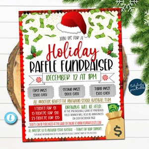 May include: A red and white plaid background with a Santa hat and falling money. The text reads "Join us for a Holiday Raffle Fundraiser December 12 at 1PM".  The flyer lists three prizes: $1500 cash, $1000 cash, and $500 cash.  The text also states "All proceeds benefit the Pinewood School Baseball Team".