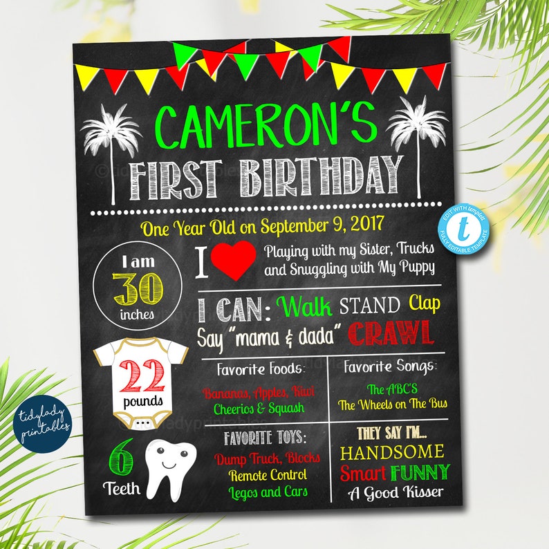 EDITABLE One Love First Birthday Board, Party Decoration, Jamaica Reggae Theme Theme, One Year, Let's Get Together & Feel Alright Printable image 1