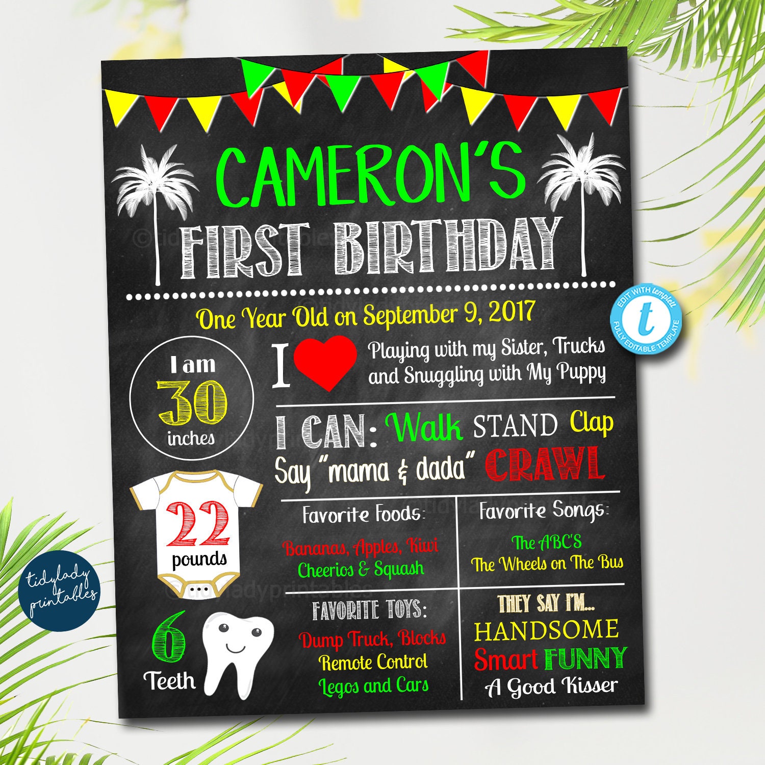 EDITABLE One Love First Birthday Board, Party Decoration, Jamaica Reggae Theme Theme, One Year, Let's Get Together & Feel Alright Printable