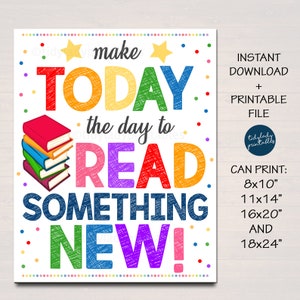 Póster de lectura, Biblioteca escolar Póster imprimible en el aula de inglés, Decoración de bibliotecario, Leer algo nuevo Arte inspirador, DESCARGA INSTANTÁNEA