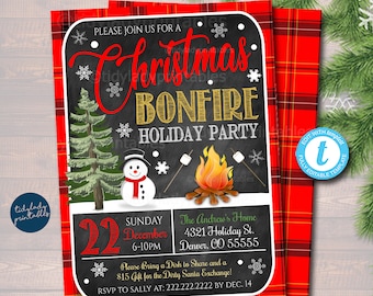 Christmas Bonfire Party Invitation: Plaid Holiday S'mores (Digital Download)
